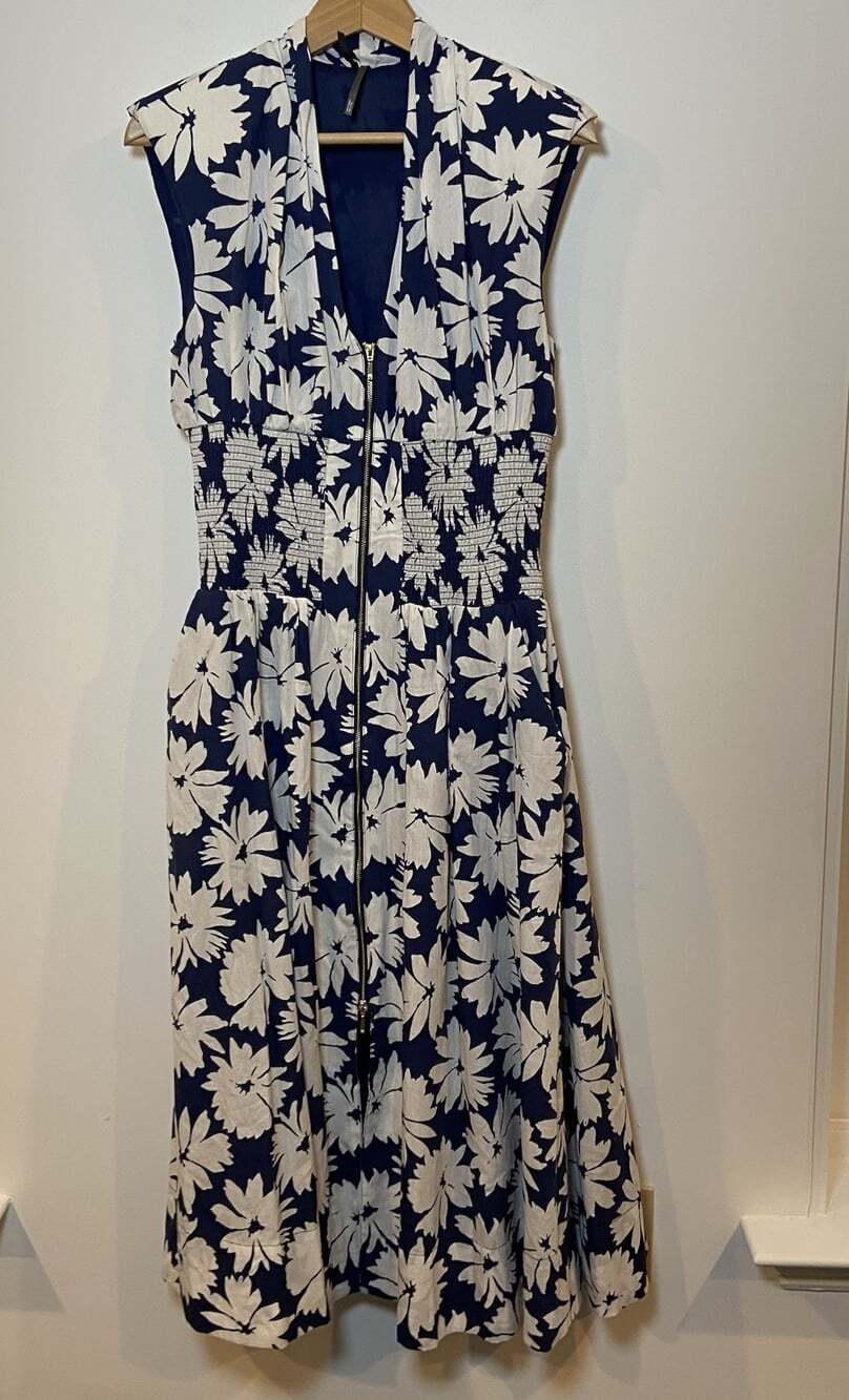 Anthropologie The Tommie Dress Smocked Waist Zip Front Navy Blue White M